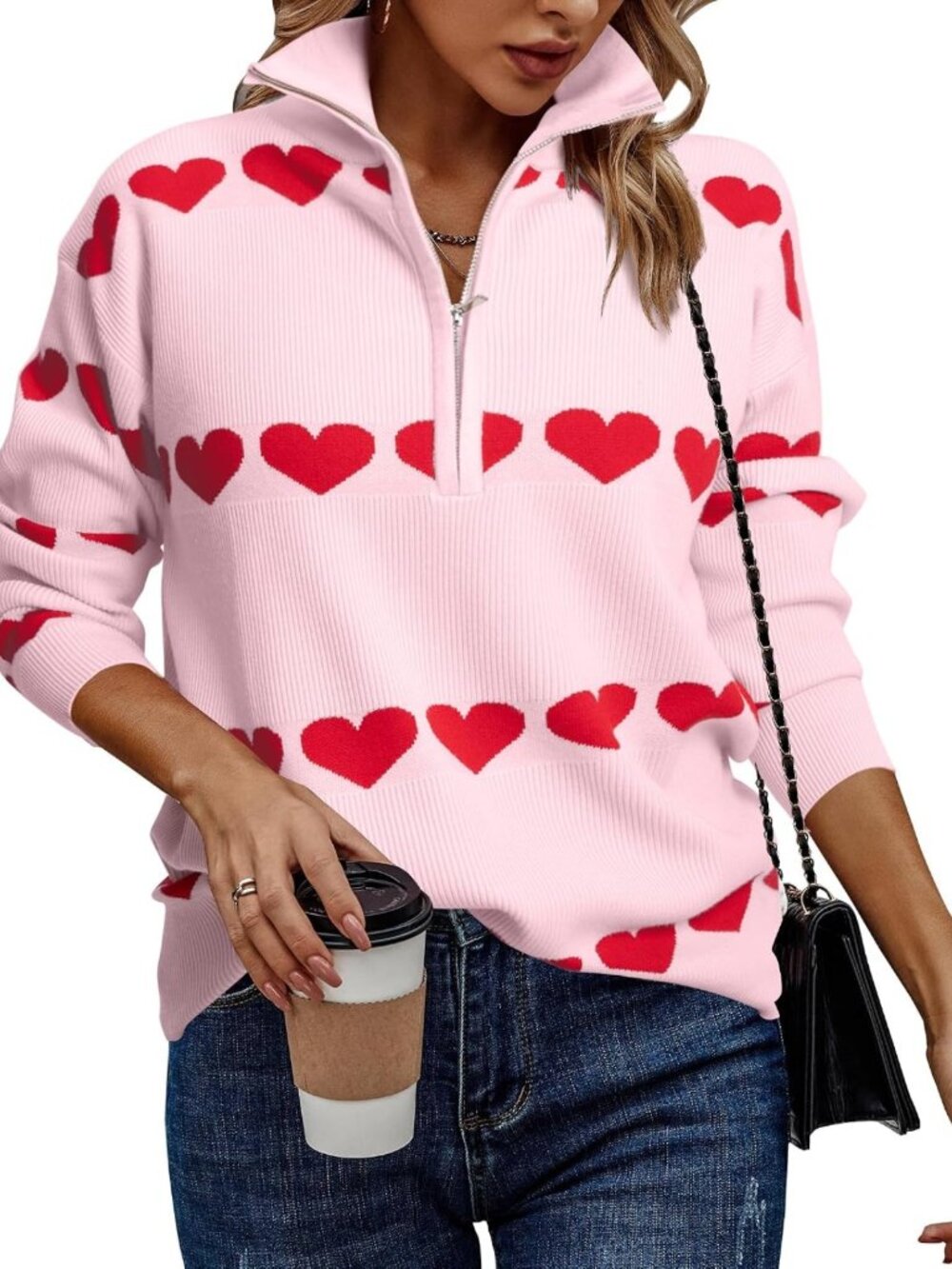 Heart Sweater for Women V Neck Valentines Sweatshirt Quarter Zip Pullover